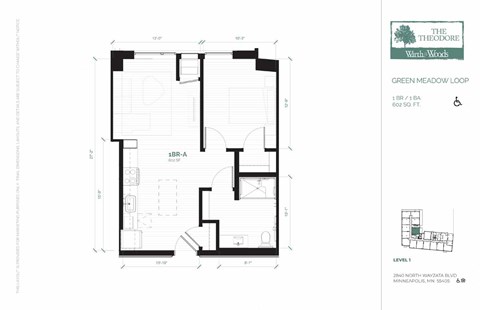 Floor plan for 1 bed, 1 bath, 629 sqft
